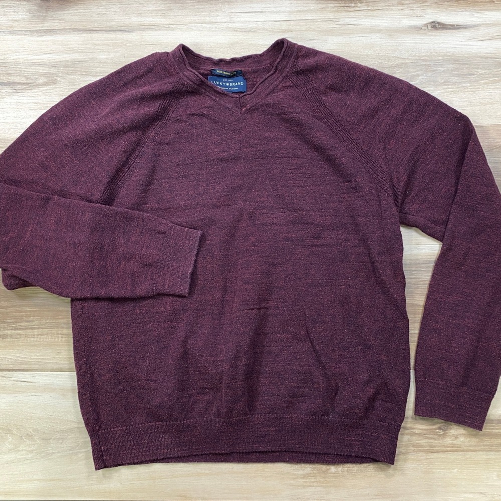 Lucky Brand Sweater Mens Medium Classic Cotton Welterweight V-Neck Burgundy Red